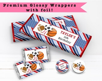 All Star Sports Sports Theme First Year Down - PRINTED CANDY WRAPPERS Chocolate Kiss Stickers -