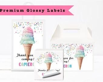 May include: White gift bags, boxes, and labels with a colorful ice cream cone design. The ice cream is pink, blue, and green, with a waffle cone. Text includes "Thank you for coming!" and "Premium Glossy Labels."
