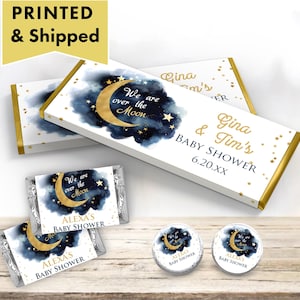Over the moon Twinkle Little Star Navy Watercolor Cloud Sky Gold Stars Hershey chocolate bar wrappers, mini candy labels kiss stickers OV04