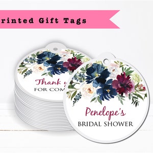 Burgundy Blush Navy Blue Floral Botanical Flower Watercolor • Any Age Occasion - PRINTED GIFT TAGS -Thank You Card Party Favor Bag Gable Box