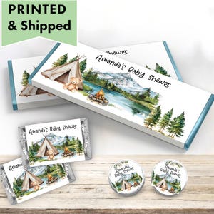 Let the Adventure Begin Adventure Awaits Camping Outdoor Tent Teddy Bear Hershey chocolate bar wrappers, mini candy labels kiss sticker AD02