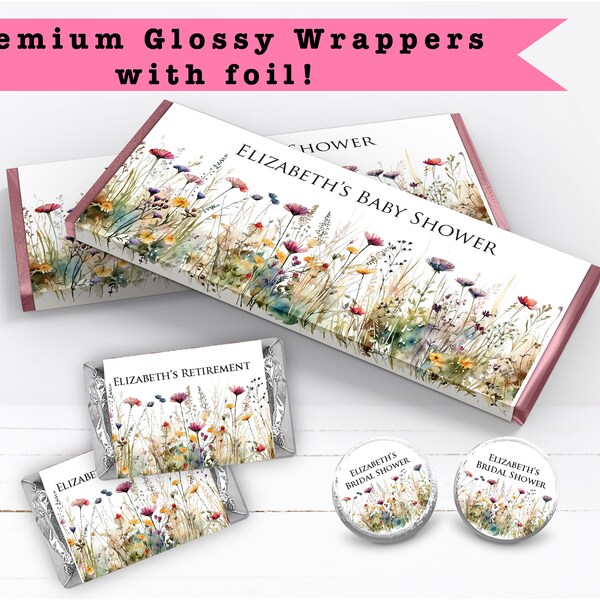 Wildflower Meadow Flowers Spring Summer Little Wildflower Love in Bloom PRINTED CANDY BAR Wrappers Chocolate Bar Kiss Stickers Labels