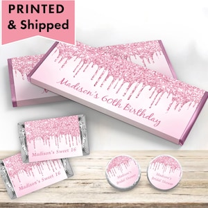 Baby Pink Pink Sparkle Glam Dripping Glitter Elegant Luxury    - PRINTED Candy Bar Wrappers Chocolate Labels Kiss Stickers DR28