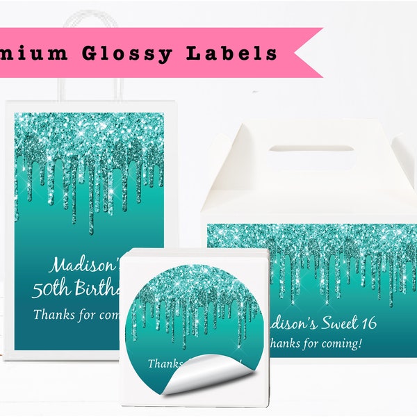 Turquoise Teal Glitter Drips Glamorous Trendy Ombre Frosting Drips Sparkle PRINTED GLOSSY LABELS Party Favor Gift Bag Box Round Sticker
