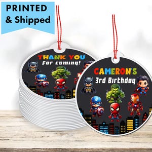Superhero City Skyline Comic Little Superheroes Kids Party  - PRINTED GIFT TAGS -Thank You Note For Party Favor Bag Box