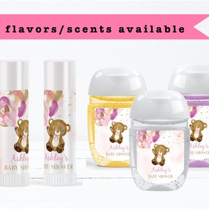 Beary Cute Blush Pink Gold Balloon Teddy Bear We Can Bearly Wait Watercolor Lip Balms Chap Stick or Hand Wash Best Personalized Party Favors