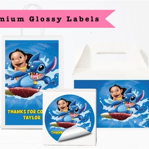 Lilo & Stitch  - PRINTED GLOSSY LABELS - For Party Favor Bags, Gable Boxes, Gift Bags, Round Square Stickers -