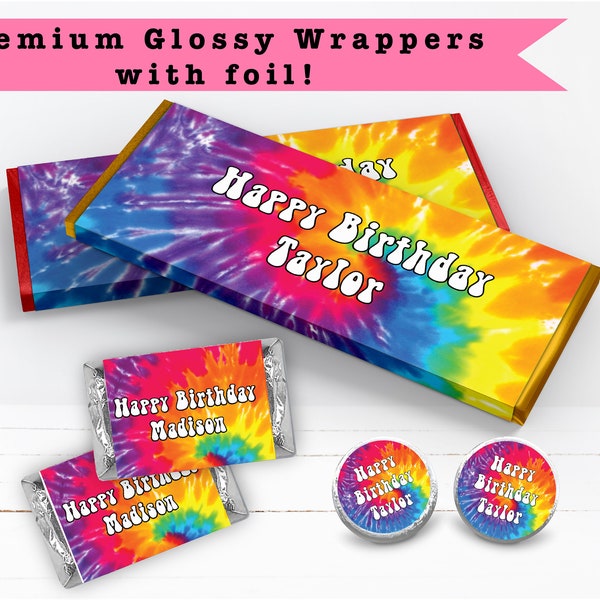 Tie Dye Bright Rainbow Groovy Hippie Peace Love Party  - PRINTED CANDY Bar Wrappers Labels  Chocolate Kiss Stickers -