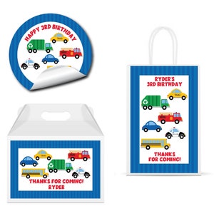 Traffic Jam Transportation City Cars Police Fire Truck - PRINTED GLOSSY LABELS - For Party Favor Gift Bag Gable Box Round Square Stickers -
