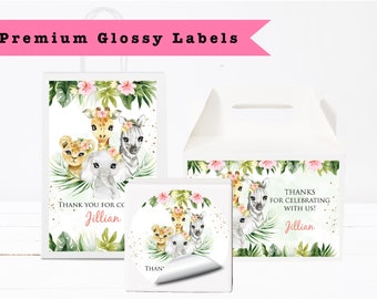 Jungle Safari Animals Greenery Pink Floral Flowers Girl Watercolor Cute  PRINTED GLOSSY LABELS For Party Favor Gift Bags Box Round Stickers