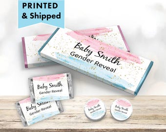 Pink Or Blue Boy or Girl Gender Reveal Watercolor Splash Gold Glitter PRINTED CANDY BAR Wrappers Labels Chocolate Kiss Stickers -