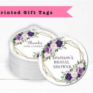 Purple Lilac Floral Flowers Gold Geometric Frame Elegant Watercolor PRINTED GIFT TAGS - Thank You Card For Party Favor Bags or Gable Boxes