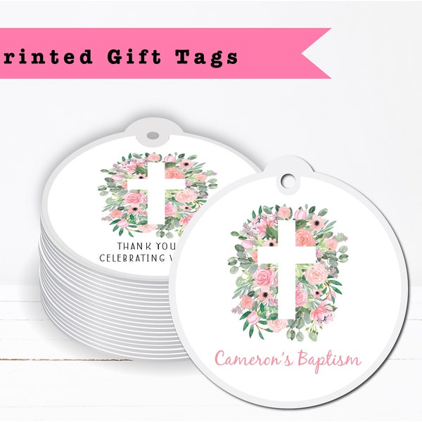 Blush Pink Floral Roses Cross Baptism First Communion Religious - PRINTED GIFT TAGS - Thank You Card For Party Favor Bag Box