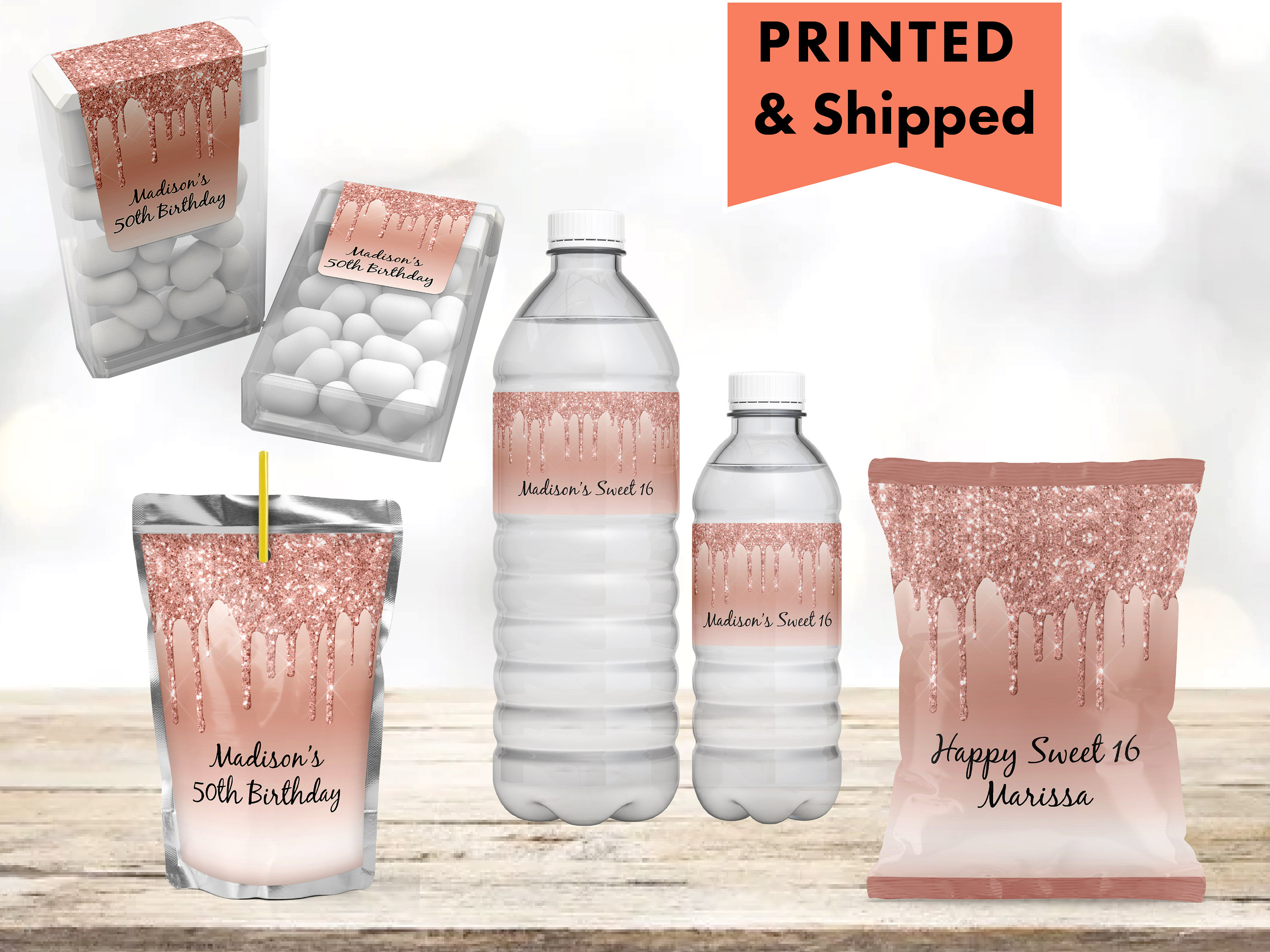 Rose Gold Dripping Glitter Metallic Sparkle Luxury - Chip bag, Water Bottle, Juice Pouch or Tic Tac Labels