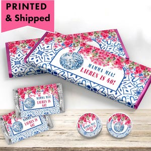 Mamma Mia Inspired Mediterranean Floral Bougainvillea Greek Dancing Queen Hershey chocolate bar wrappers, mini candy labels kiss stickers