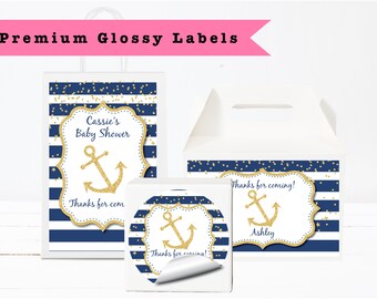 Nautical Anchor Navy Blue Stripes Gold Confetti - PRINTED GLOSSY LABELS - For Party Favor Bags, Gable Boxes, Gift Bags, Round Square Sticker