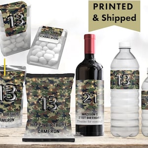 Camouflage Let's Party Green Black Camo String Light Elegant Army Military Chip bag, Water Bottle, Juice Pouch Tic Tac Wine Champagne Labels