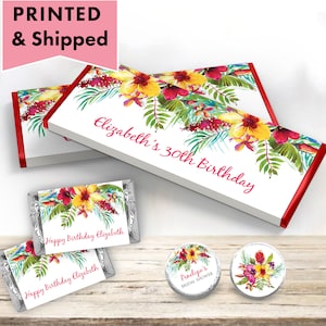 Summer Tropical Flowers Floral Hibiscus Luau Aloha Watercolor • Any Age Occasion - PRINTED CANDY BAR Wrapper Labels Chocolate Kiss Stickers