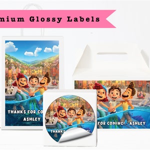 Luca - PRINTED GLOSSY LABELS - For Party Favor Bags, Gable Boxes, Gift Bags, Round Square Stickers