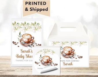Coffee Baby Shower Sweet Baby is Brewing Coffee Bean Floral White Magnolia Glossy Labels For Party Favor Bags, Gable Boxes, & Round Stickers