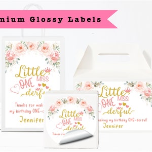 Little Miss  One-derful  Beautiful Pink Gold Floral FLowers -PRINTED GLOSSY LABELS- For Party Favor Gift Bag Gable Box Round Square Sticker