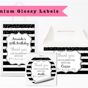Black White Stripes Silver Glitter Luxury • For Any Age Or Occasion PRINTED GLOSSY LABEL Party Favor Gift Bag Gable Box Round Square Sticker