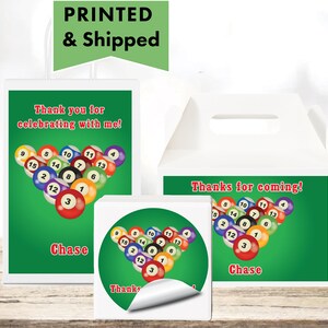 Green Pool Table Billiards Snooker Balls - PRINTED GLOSSY LABELS For Party Favor Gift Bags, Gable Boxes, Round Square Stickers BI03