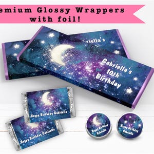Galaxy Sweet Sixteen Starry Night Navy Blue Purple Outer Space Moon Slumber PRINTED CANDY BAR Wrappers Chocolate Bar Kiss Stickers Labels