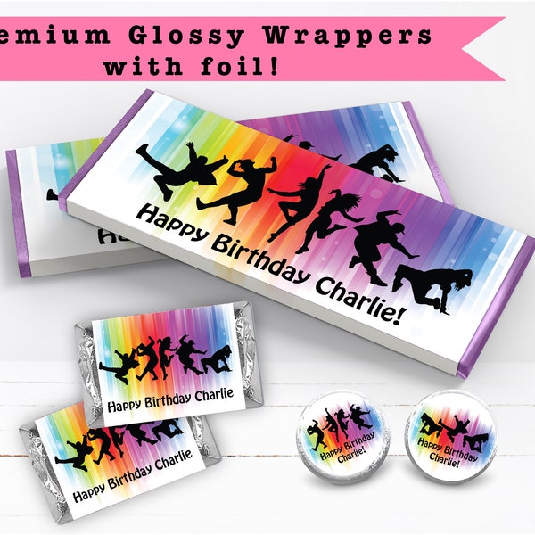 Dance Dancing Party Theme Just Dance Bright Colorful  PRINTED CANDY BAR Wrappers Chocolate Bar Kiss Stickers Labels