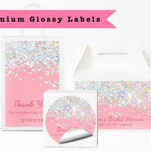 Blush Pink Holographic Silver White Glitter Sparkle Luxury - PRINTED GLOSSY LABELS For Party Favor Gift Bag Gable Box Round Square Sticker