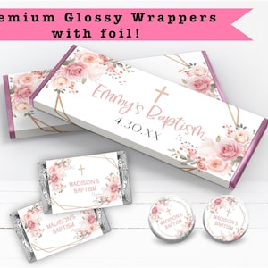 Pink Blush Floral Frame Cross Beautiful Christening First Communion Religious  PRINTED CANDY BAR Wrappers Chocolate Bar Kiss Stickers Labels