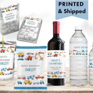 Transportation Cars Construction Vehicles Police Fire Truck Minimalist Chip bag, Water Bottle Juice Pouch Tic Tac Wine Champagne Labels TR10