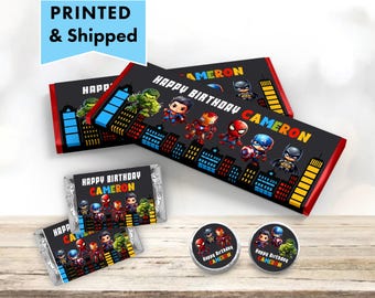 Superhero City Skyline Comic Little Superheroes Kids Party  PRINTED CANDY BAR Wrappers Chocolate Bar Kiss Stickers Labels