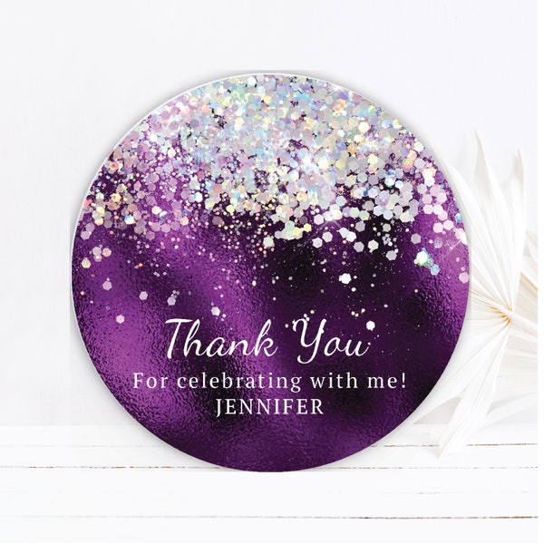 Elegant Purple Silver White Holographic Sparkly Metallic Glitter PRINTED GLOSSY LABELS Party Favor Gift Bag Gable Box Round Square Sticker