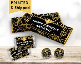 Elegant Gatsby Art Deco Roaring 20s Black Gold Geometric  PRINTED CANDY BAR Wrappers Chocolate Bar Kiss Stickers Labels GA02