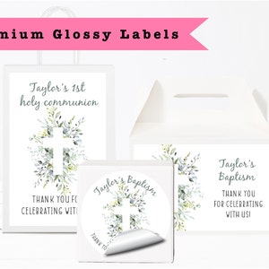 Eucalyptus Greenery & Gold Cross Floral - PRINTED GLOSSY LABELS - For Party Favor Bags, Gable Boxes, Gift Bags, Round Square Stickers -
