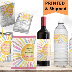 Young Wild And Three Retro Daisy Hippie Pastel Rainbow You are my Sunshine Chip bag, Water Bottle, Juice Pouch or Tic Tac Labels YO01