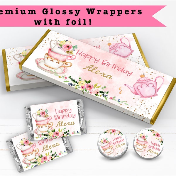 Tea Party Birthday Pink and Gold Par-tea Whimsical High Tea Floral Watercolor PRINTED CANDY BAR Wrappers Chocolate Bar Kiss Stickers Labels