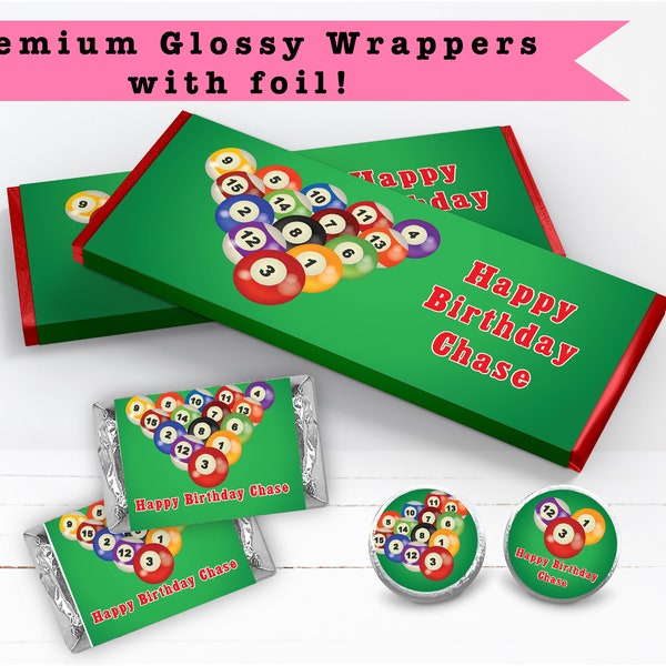 Green Pool Table Billiards Snooker Balls - PRINTED Candy Bar Wrappers Miniature Chocolate Labels Kiss Stickers