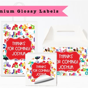 Abc 123 Colorful Alphabet Letters  -  PRINTED GLOSSY LABELS - For Party Favor Gift Bag Box