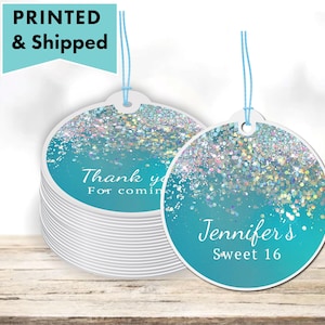 Turquoise Aqua Teal Holographic Silver White Glitter Sparkle Luxury Any Age  - PRINTED GIFT TAGS  Thank You Notes For Party Favors Bags
