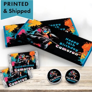 Paintball Paint SplatterSplashes Paintball Birthday Theme Party Neon Hershey chocolate bar wrappers, mini candy labels kiss stickers