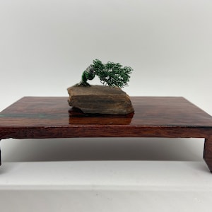 Puede incluir: Un árbol bonsai en miniatura hecho de alambre, con hojas verdes, se muestra en un soporte de madera marrón oscuro con un acento verde.
