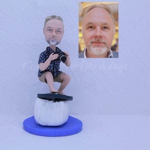 Custom Surfer Bobblehead With A Camera On A Tide, Personalized Surfing Gift, Surfer Birthday Cake Topper, Summer Gift For Him, Photographer