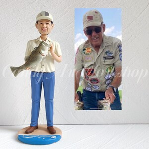 Fishing Lover Gift Custom Bobblehead, Personalized fishman and Trout Figurine, Miniature, Ornament, Fish Decor For Dad, Huasband, Boyfriend image 1