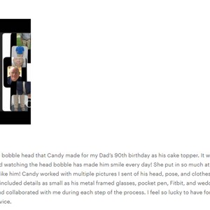 May include: A five-star review with a photo of a custom bobblehead. The bobblehead is a replica of a man wearing a blue shirt, a cap that says "Korea Veteran", and glasses. The bobblehead is on a cake.