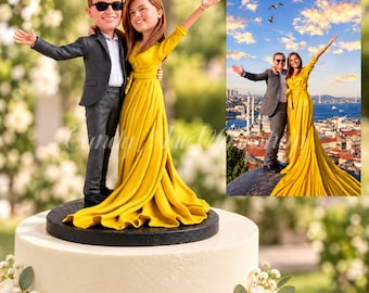 May include: A custom cake topper featuring two figures standing on a black circular base. One figure wears a dark gray suit and sunglasses, while the other wears a long, flowing yellow dress. The figures mimic the pose in the inset photograph.