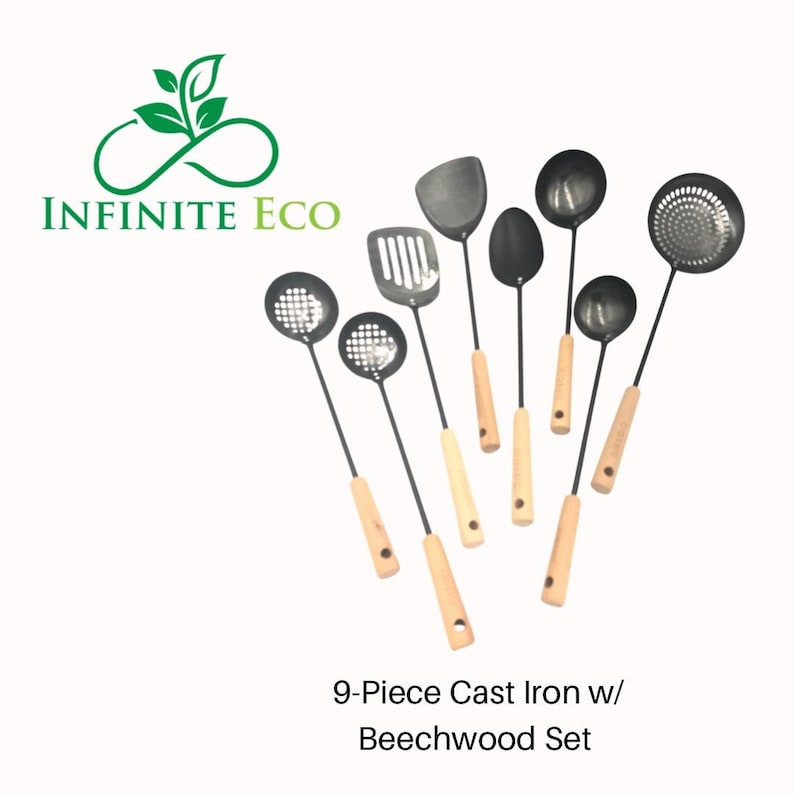 9 Piece Titanium Coated Cast Iron + Beech Wood Kitchen Utensil Set