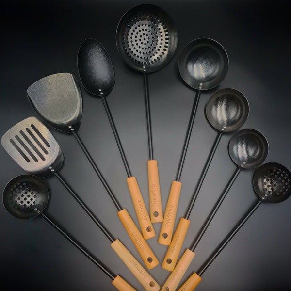 9 Piece Titanium Coated Cast Iron + Beech Wood Kitchen Utensil Set