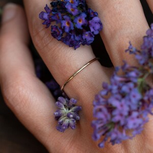 K&ouml;nnte beinhalten: Ein zarter Goldring, getragen an einem Finger, der mit violetten Blumen geschm&uuml;ckt ist.